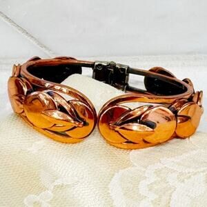 Vintage Copper Disc & Leaf Cuff Bracelet
